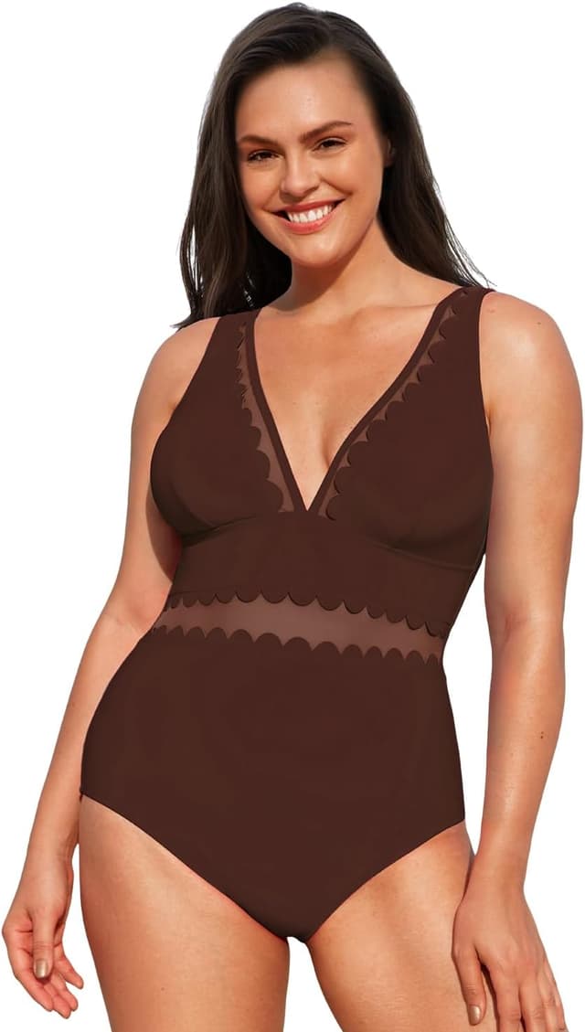 Detalle de Costume da bagno intero donna Plus Size con scollo a V e rete smerlata, spalline regolabili