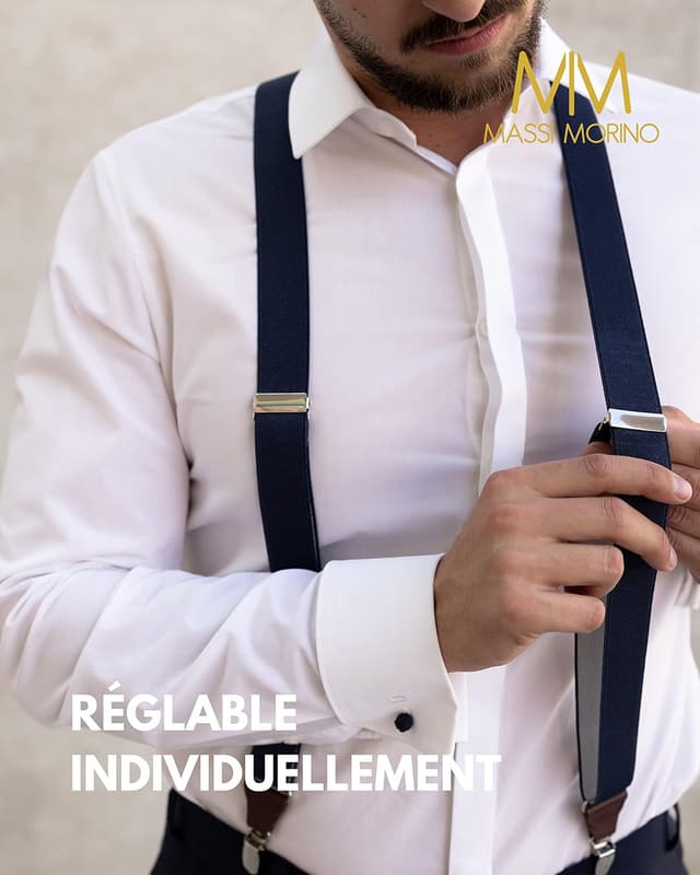 Detalle de Massi Morino Bretelles hommes en cuir véritable (forme Y) largeur 3,5 cm, clips métalliques extra-forts