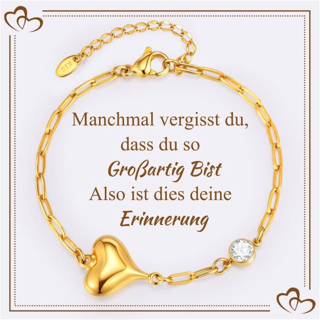Detalle de Gamtic Herz-Armband für Damen aus Edelstahl mit Zirkonia, 14K vergoldet (verstellbar)
