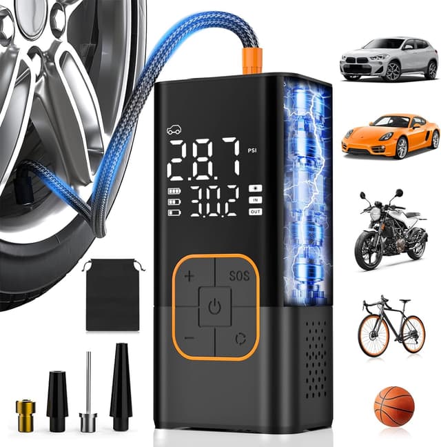 Detalle de Tyre Inflator Air Compressor: cordless electric bike pump & car tyre inflator with digital gauge (150 PSI)