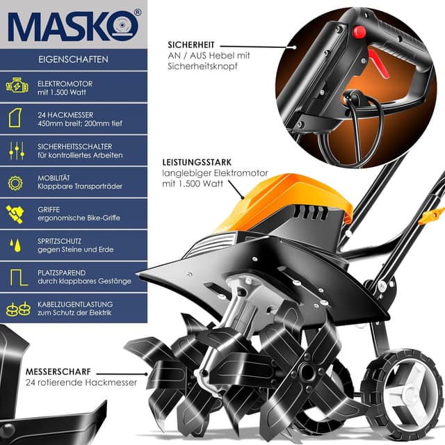 Detalle 2 de MASKO® Motorhacke elektrisch 1.500 W – Gartenfräse 45 cm mit 24 Hackmessern
