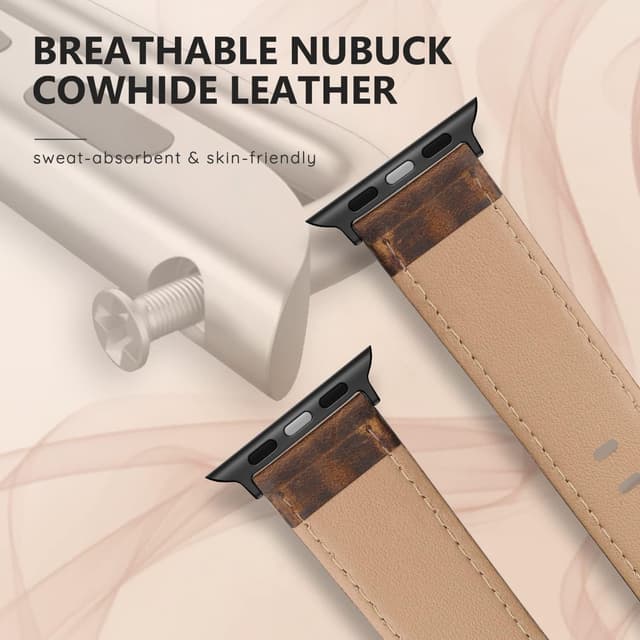 Detalle de Tuocal Genuine Leather Strap for Apple Watch (42mm/44mm/45mm/46mm) – Vintage style leather band with stainless steel connectors