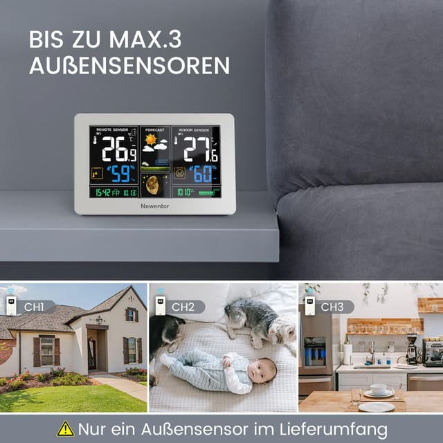 Detalle 2 de Newentor Funk-Wetterstation mit Außensensor, DCF-Funkuhr und Wettervorhersage – inklusive Netzbetrieb