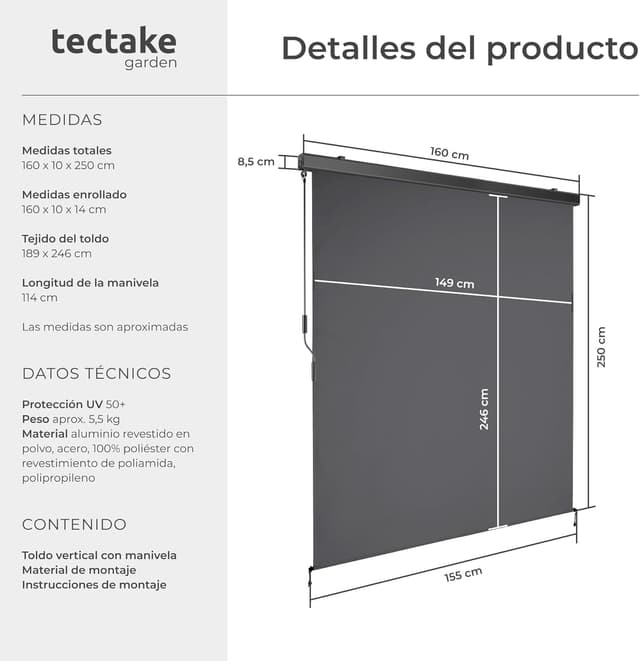 Thumbnail 5 de tectake toldo vertical exterior 160 x 250 cm