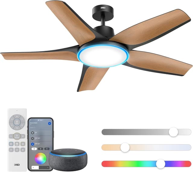 Detalle de DREO Smart Ceiling Fan with Lights (Low Profile, 52in) with Alexa/App Control, Dimmable RGB Ambiance, Black