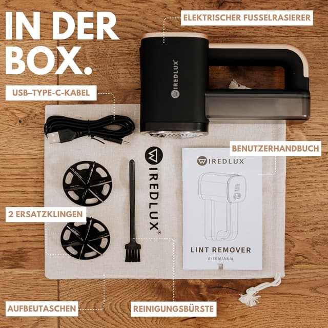 Thumbnail 6 de WiredLux elektrischer Fusselrasierer – wiederaufladbarer Flusenentferner für Kleidung & Möbel mit LED-Licht (Onyx/Gold)
