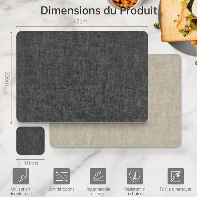 Thumbnail 6 de KitchenBoss Set de table lavable double face avec dessous de verre antidérapants et résistants à la chaleur (6 sets) 43 x 30 cm