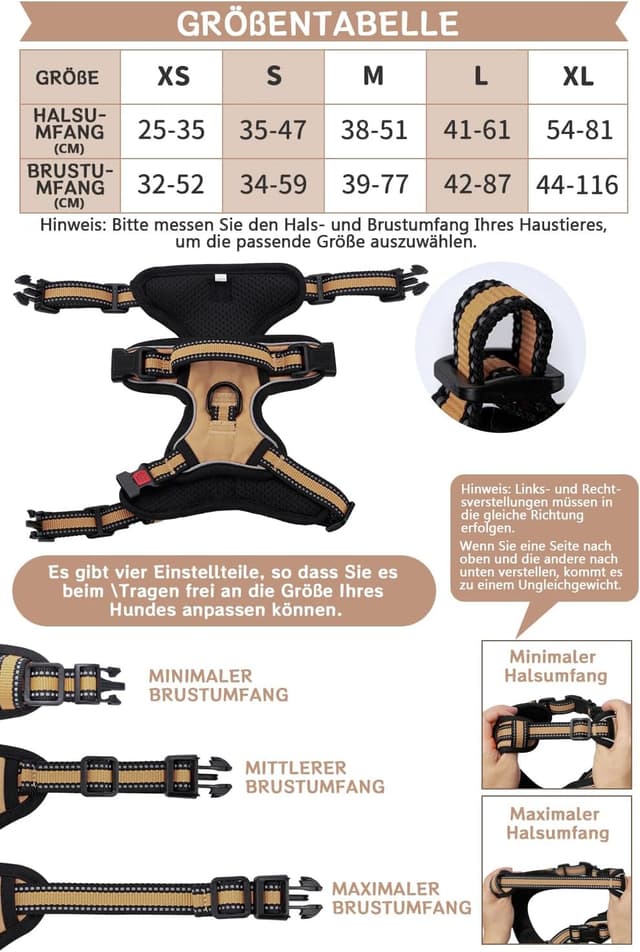 Detalle 2 de BaoCheng Hundegeschirr Anti-Zug-Hundegürtel für kleine bis große Hunde (Khaki) – atmungsaktives Mesh, 3 Schnallen, reflektierend