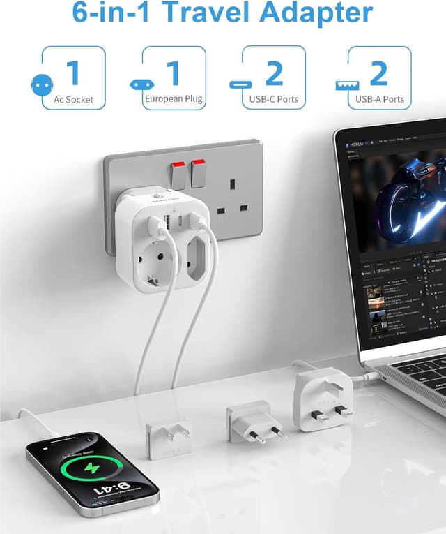 Detalle de Reisestecker Weltweit Universal-Reiseadapter 6-in-1 mit USB-C & USB-A (Japan/Europa/England, 3 Stecksysteme)