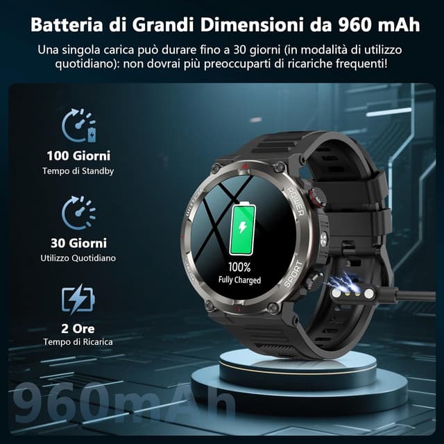 Detalle de IOWODO Smartwatch Uomo Militare 1.45" con chiamate Bluetooth, bussola e torcia LED, IP68