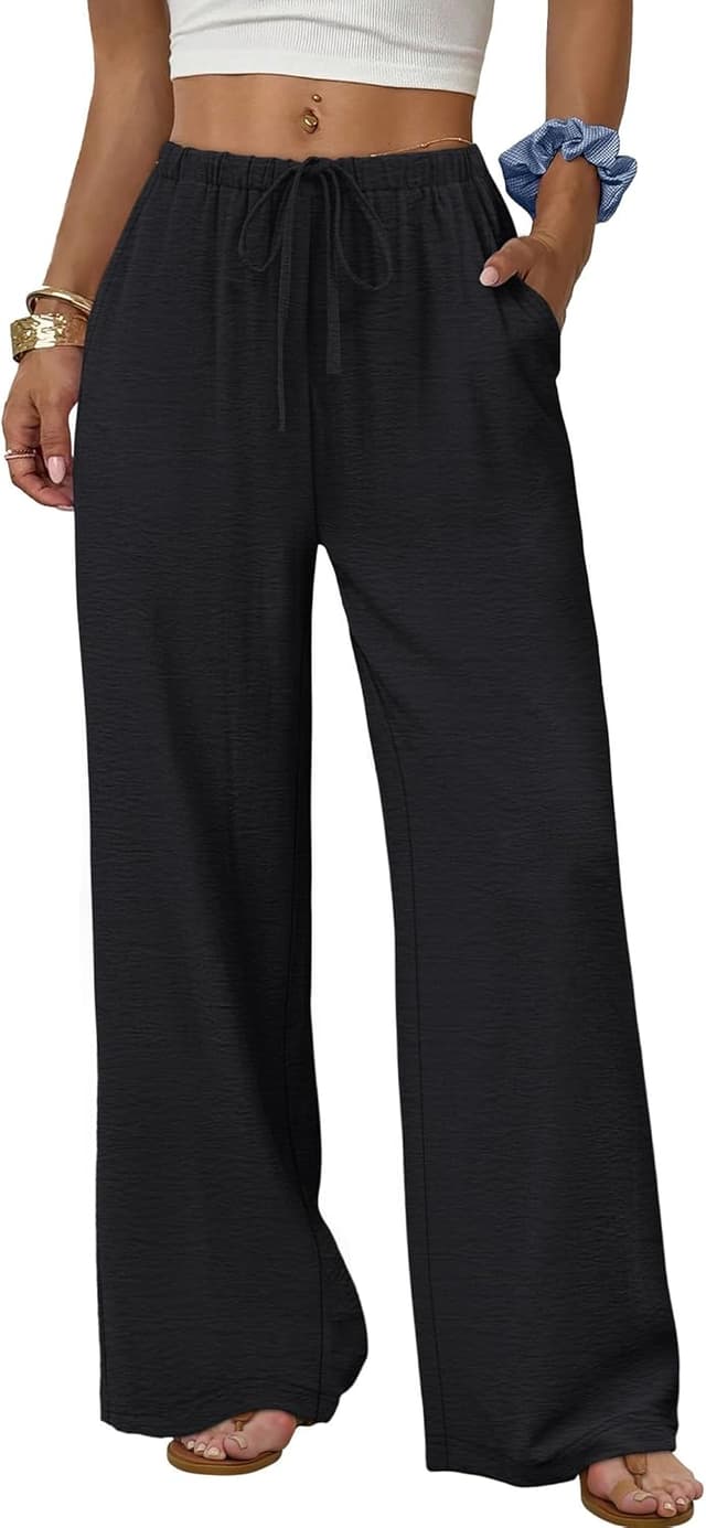 Detalle de Sampeel Women’s Wide-Leg Drawstring Palazzo Pants with Pockets