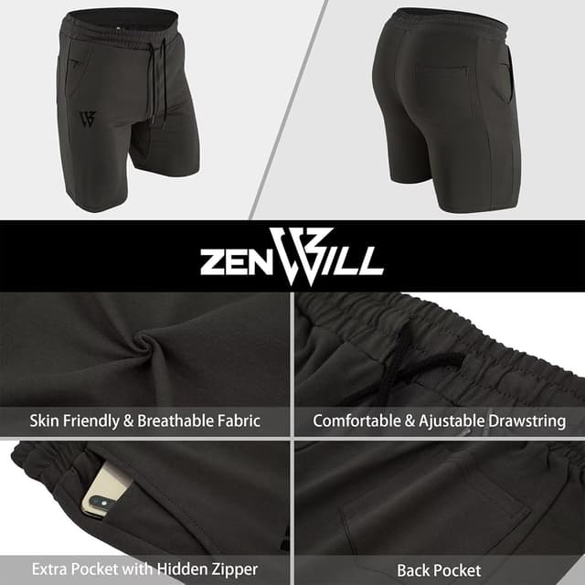 Detalle de ZENWILL Mens Cotton Gym Shorts with Zip Pockets (Running, Workout & Tennis)