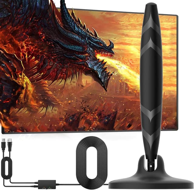 Detalle de Digital Indoor TV Aerial for Smart TV and Older TVs with Signal Booster, 650+ miles range, 180° rotation, 16.4ft cable (Black)