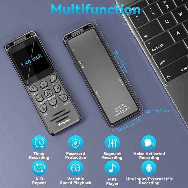 Detalle de Volorful 80-GB-Diktiergerät mit 1,44" Farbbildschirm, 70 Std. Aufnahme und USB‑C