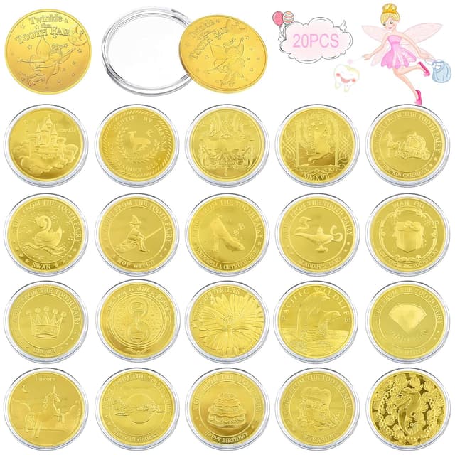Detalle de VEEKAY Zahnfee Münzen (20 Stück) – Goldtaler mit verschiedenen Motiven als Geschenk für Kinder