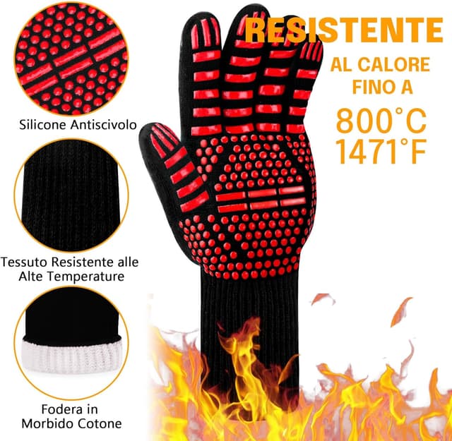Detalle de Reinalin Guanti da barbecue resistenti al calore fino a 800°C (Rosso) per cucina e griglia
