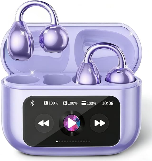 Detalle de Elegant Touchscreen Clip-On Earbuds (Open-Ear, Bluetooth 6.0) with 1.3" Display, 50H Playtime, IPX5, Purple