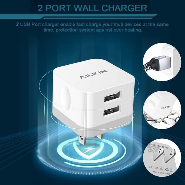 Detalle de AILKIN 2-Pack 2.4A Dual USB Wall Charger (Flat, 90-Degree Plug) for iPhone & Samsung