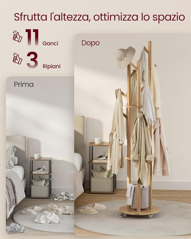 Detalle de VASAGLE Attaccapanni da terra RCR023YK01 con 11 ganci e 3 ripiani, 4 ruote 360° rimovibili