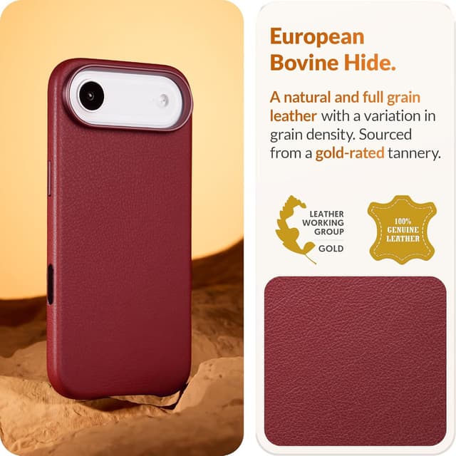 Detalle 2 de LONLI Classic Gold-Rated Leather Case for iPhone Air (Wine) with Camera Control & MagSafe compatibility