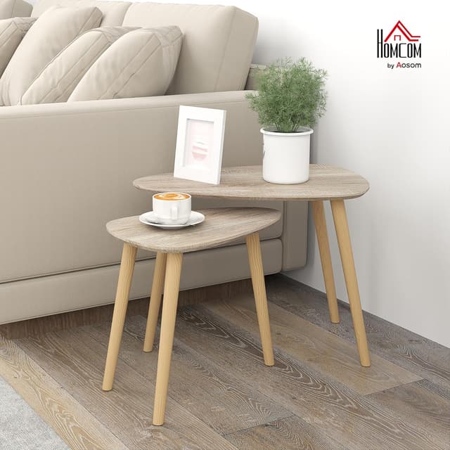 Detalle de HOMCOM lot de 2 tables basses gigognes design scandinave pieds en bois et plateaux en bois