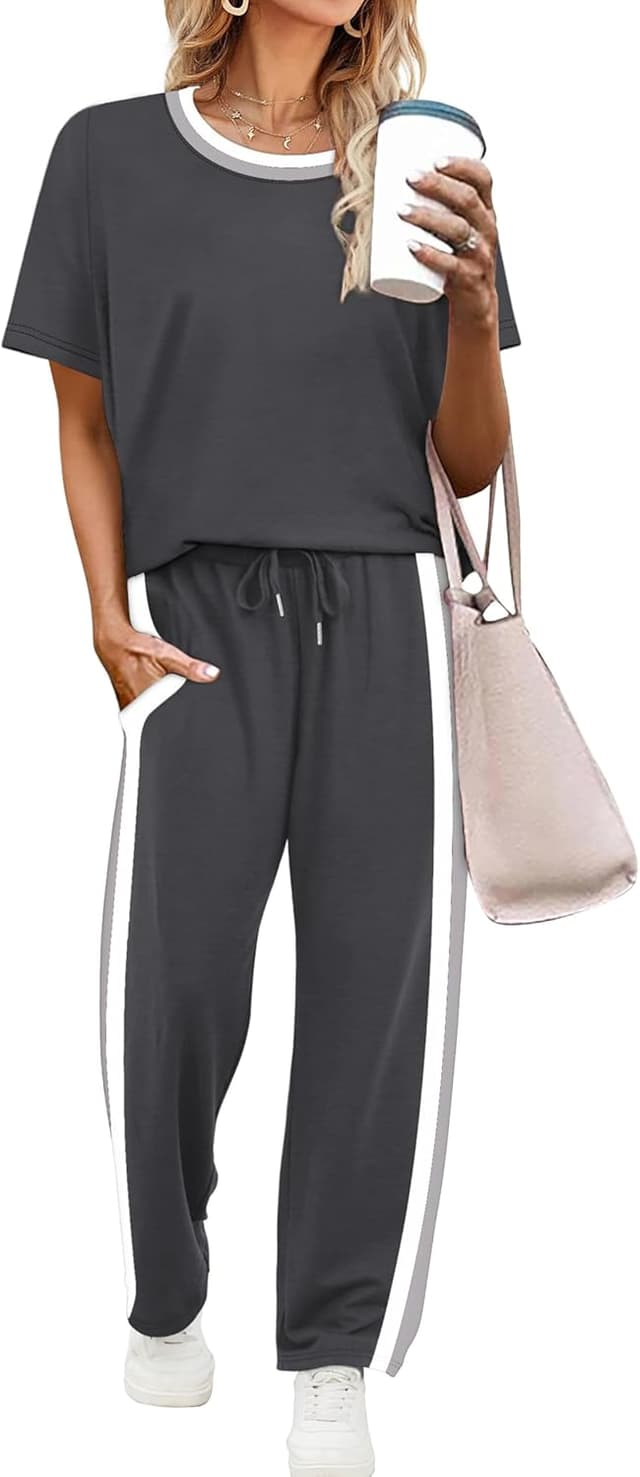 Detalle de WIHOLL 2-Piece Lounge Set for Women (Short Sleeve Top + Wide-Leg Pants)