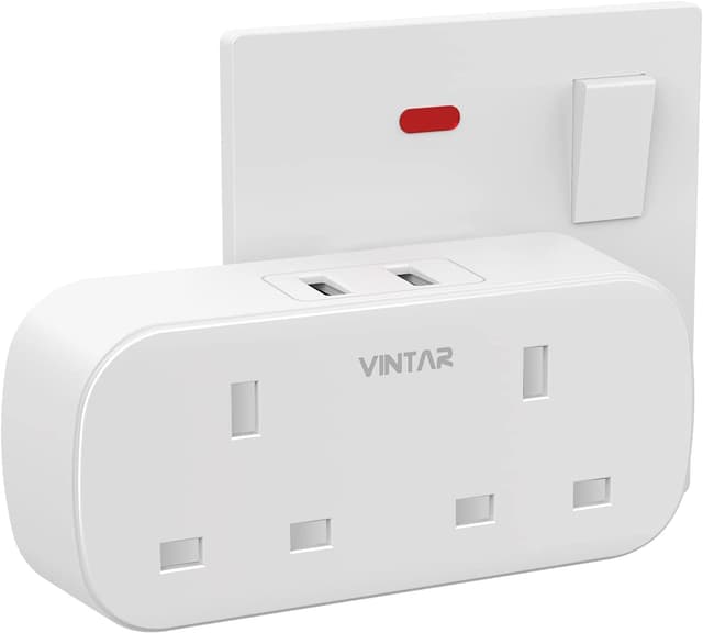 Detalle de VINTAR Double Plug Adaptor with 2 USB, 13A Power Socket 🔌