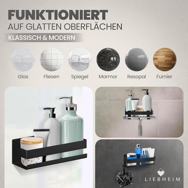Detalle 2 de LIEBHEIM Duschablage ohne Bohren – modernes Badregal für Dusche, Duschkorb-Organizer (schwarz)