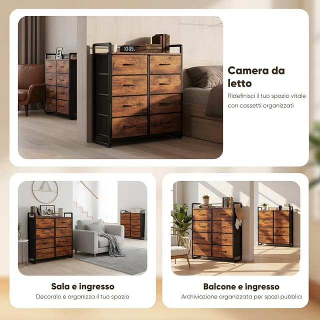 Thumbnail 6 de HOKEEPER cassettiera in tessuto con 8 cassetti marrone (78,5 x 28 x 89 cm) per camera, sala e corridoio