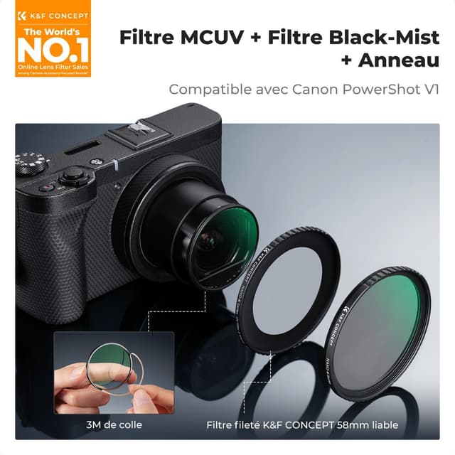 Detalle 2 de K&F Concept kit filtre UV Black-Mist 1/4 + bague adaptatrice (compatible Canon PowerShot V1)