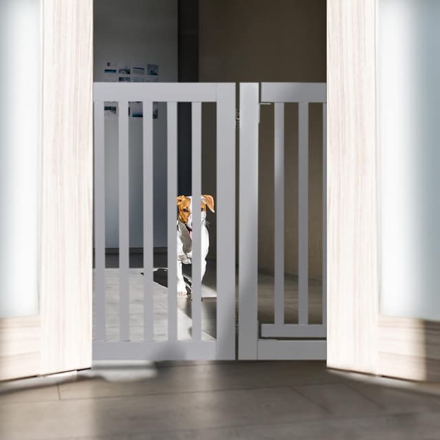 Detalle de Relaxdays Absperrgitter mit Tür, freistehend für Hunde (HxB: 70x207 cm, faltbar, grau)