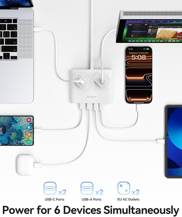 Detalle de ORICO PD 20W Desktop Extension Lead with USB Slots (2 USB-C + 2 USB-A) – 1.6m White