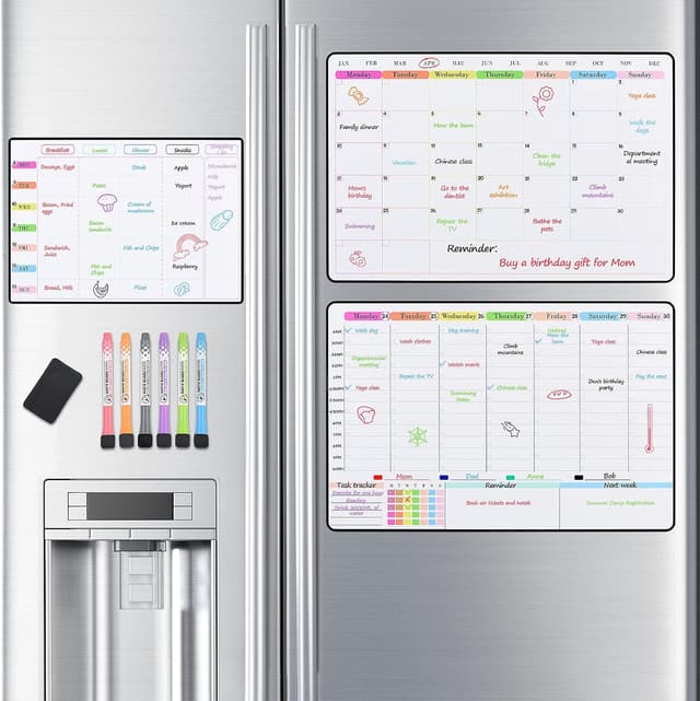 Detalle de POPRUN 3 Pack Magnetic Dry Erase Calendar Whiteboard Set for Fridge (A3 family weekly & monthly planner)