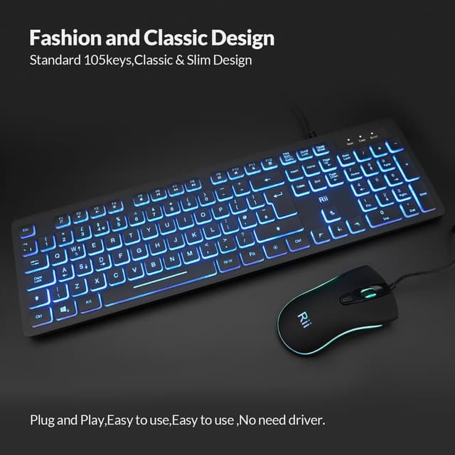 Detalle de Rii RK105 wired keyboard and mouse bundle with three-colour backlight (UK layout)