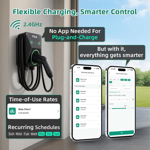 Detalle de IYILO Level 2 EV Charger (40A/9.6kW) J1772 with Wi‑Fi, RFID & Dual Temp Sensors, NEMA 14-50P, ETL & Energy Star