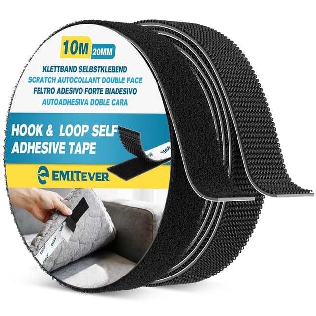 Detalle de Emitever Heavy Duty Hook and Loop Tape – strong self-adhesive double-sided strip (Black, 20mm x 10m)