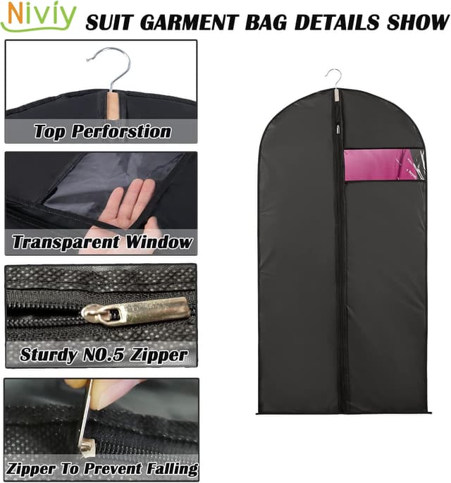 Detalle 2 de Niviy Suit Bags Garment Covers (60 x 100cm) – Moth Proof Clothes Protectors, Translucent PEVA, Zip Closure, 5 Pack (Black)