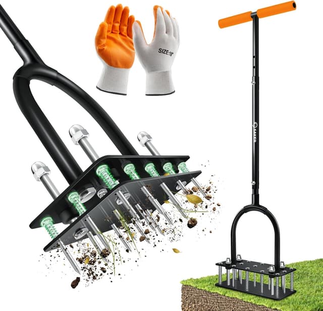 Detalle de Saker Lawn Aerator Tool with 15 iron spikes – automatic spring-loaded lawn aeration for patio, yard and garden