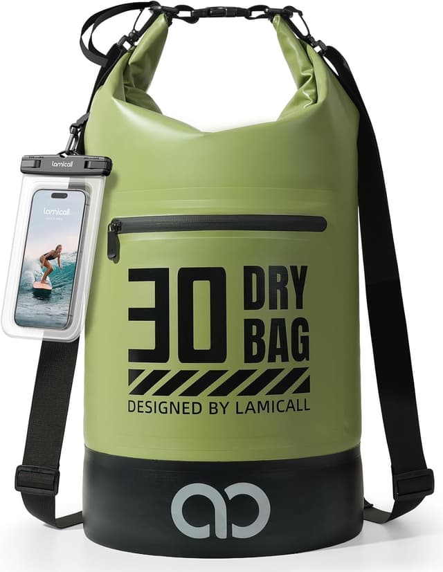 Detalle de Lamicall Dry Bag Waterproof Bag (30L) with 100% waterproof phone pouch – floatable anti-scratch dry backpack in green