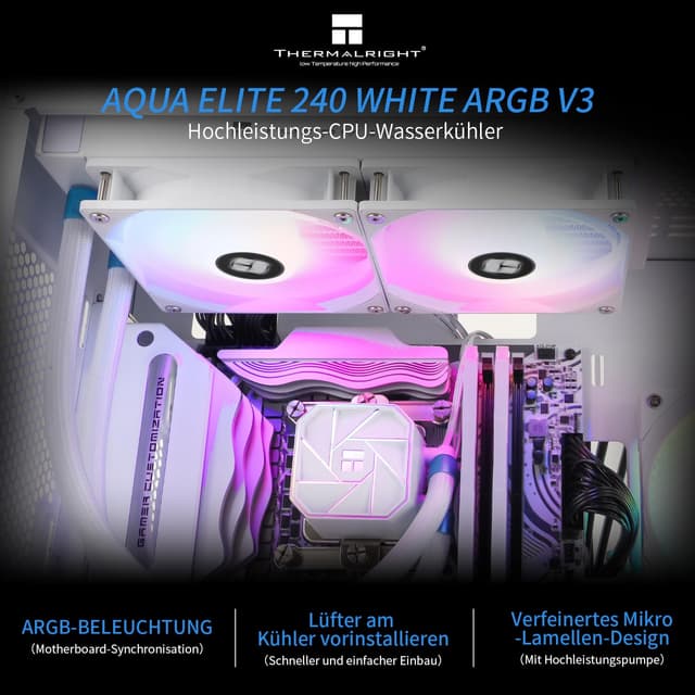Detalle 2 de Thermalright AQUA ELITE 360 Weiß V3 AIO-Wasserkühler mit 3×120-mm-PWM-Lüftern für AMD AM4/AM5 & Intel (inkl. ARGB)