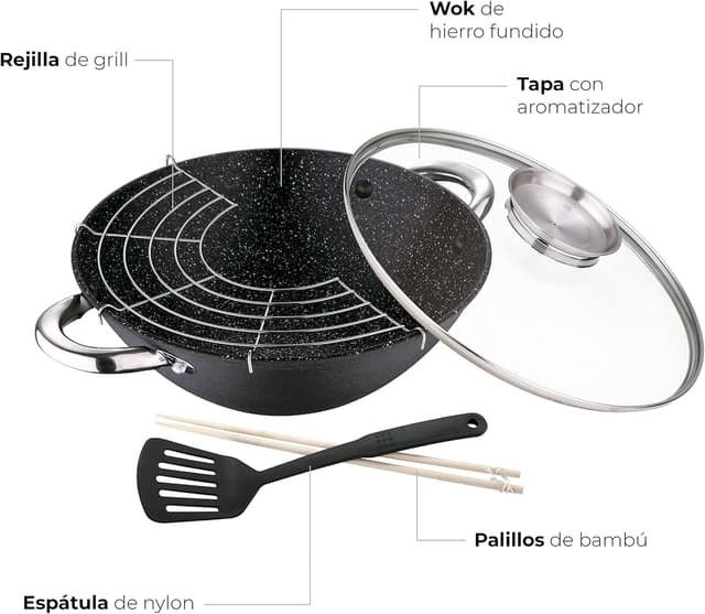 Detalle 2 de RENBERG Wasabi Wok 🍳 | Sartén Multifuncional con Tapa de Vidrio