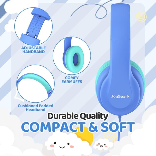 Detalle de JoySpark Wired Headphones for Kids (85dB volume limit) – School Blue, 3.5mm, foldable and adjustable