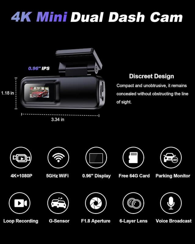 Thumbnail 6 de Dash Cam Front and Rear 4K+1080P with 5GHz WiFi, Dual Cameras and 64GB Card (App Control)