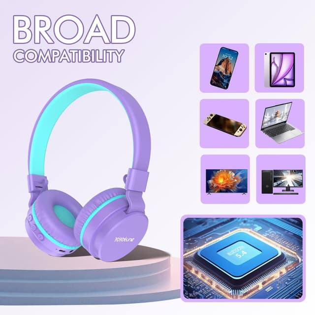 Detalle 2 de Kids Bluetooth Headphones (Purple) with Built-in Mic, 40H Playtime & Bluetooth 5.3 (Over-Ear, Volume Limited)