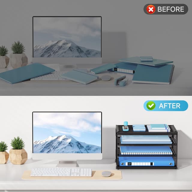 Detalle 2 de Marbrasse Organizer da ufficio a 4 livelli con cestino in rete e manico (nero)