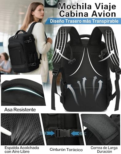 Thumbnail 4 de KLOSTAIN Mochila Viaje Cabina Avion 45x36X20 para Easyjet 30L Mochila Cabina Equipaje de Mano Bolso Mochilas Hombre para Portatil de 14 Pulgadas Mochila de Viaje Escuela Trabajo Negro
