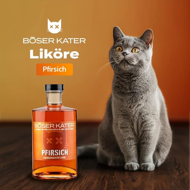 Detalle de BÖSER KATER Pfirsich Likör Geschenkset mit 2 Gläsern – fruchtiger Peach Aperitif für Cocktails & Spritz