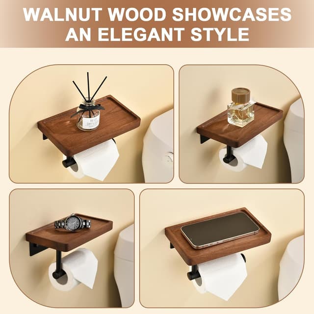 Thumbnail 6 de QICAIFACAI Wall Mounted Toilet Roll Holder with Natural Solid Walnut Shelf – Self-Adhesive or Drilled Installation