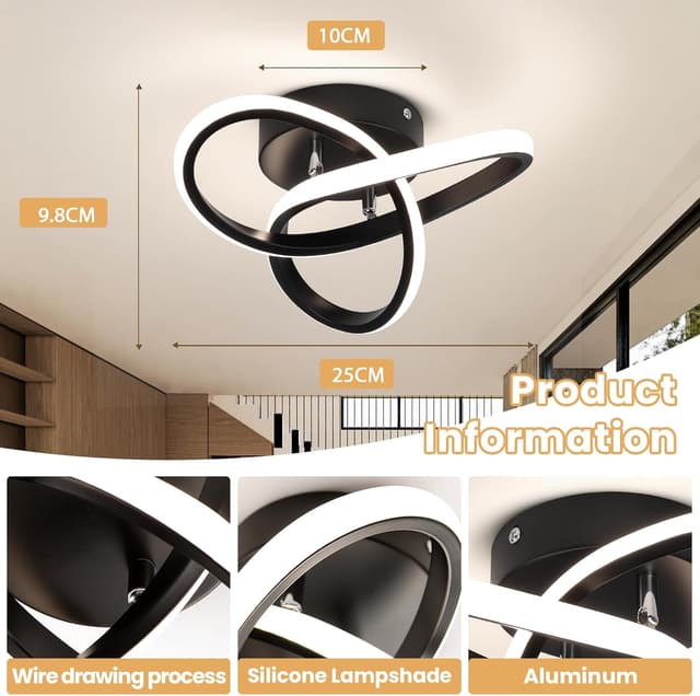 Detalle 2 de EIDISUNY 25cm Black LED Ceiling Light (Curved Flower Design), 26W Warm White, Non-dimmable