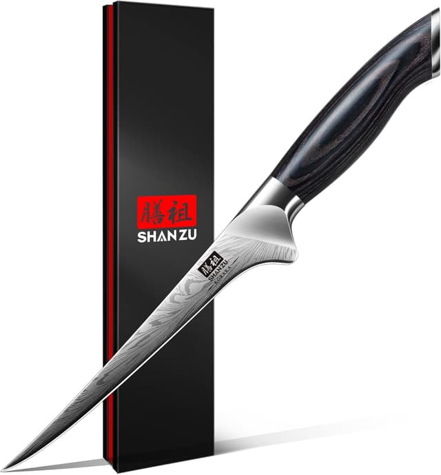 Detalle de SHAN ZU Couteau à filet de poisson 18 cm en acier poudré 63HRC, manche en bois de pakka